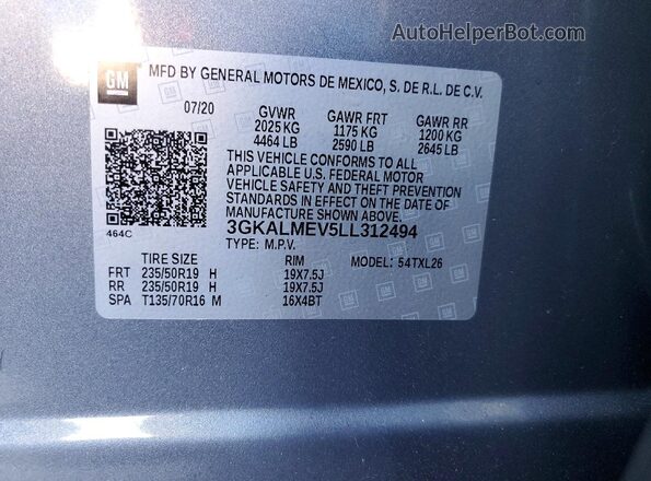 3GKALMEV5LL312494 2020 GMC TERRAIN Silver Вид наклейки з VIN-кодом