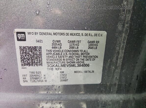 3GKALMEV5ML384006 2021 GMC TERRAIN Silver VIN կոդի պիտակի տեսք