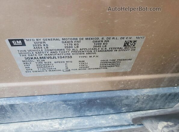 3GKALMEV6JL184733 2018 GMC TERRAIN Gold VIN კოდის სტიკერის ხედი