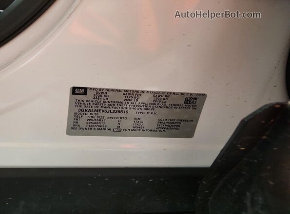 3GKALMEV6JL228519 2018 GMC TERRAIN White VIN კოდის სტიკერის ხედი