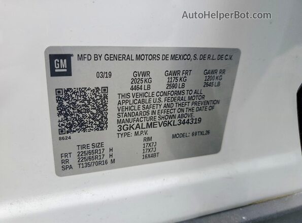 3GKALMEV6KL344319 2019 GMC TERRAIN White Vista de la etiqueta del VIN