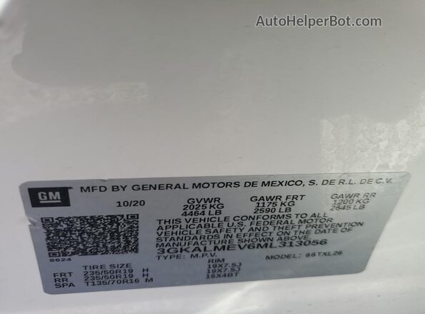 3GKALMEV6ML313056 2021 GMC TERRAIN White VIN კოდის სტიკერის ხედი