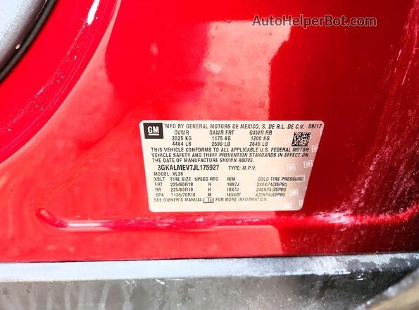 3GKALMEV7JL175927 2018 GMC TERRAIN Burgundy Widok naklejki z numerem VIN