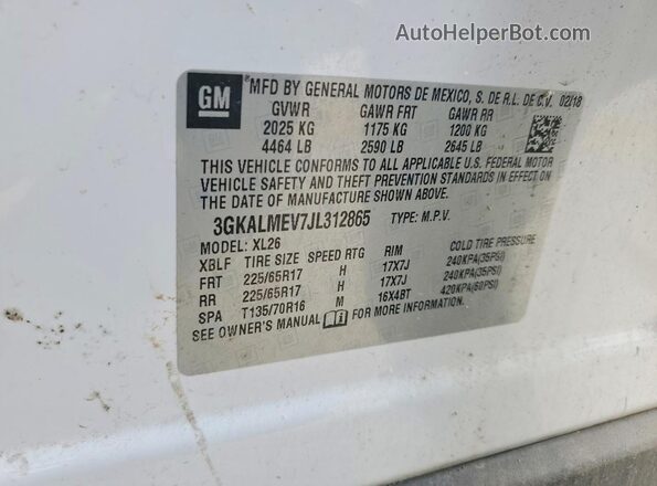 3GKALMEV7JL312865 2018 GMC TERRAIN White VIN კოდის სტიკერის ხედი