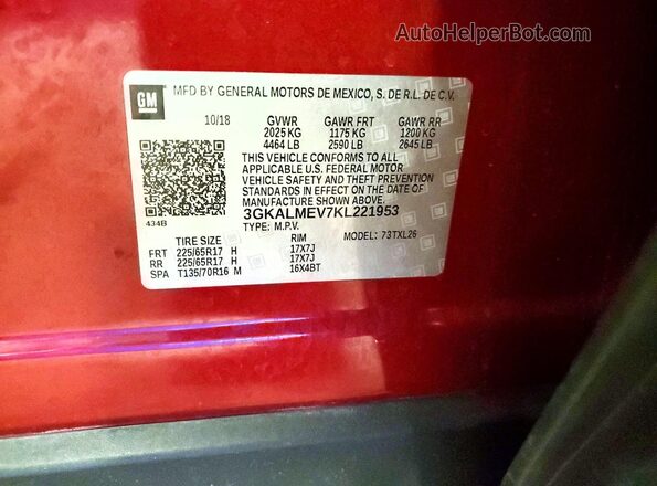 3GKALMEV7KL221953 2019 GMC TERRAIN Burgundy Vista interior de 360 grados