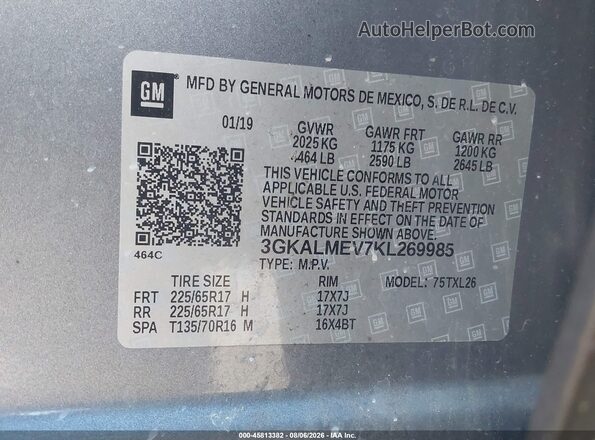 3GKALMEV7KL269985 2019 GMC TERRAIN Gray Вид підкапотного простору