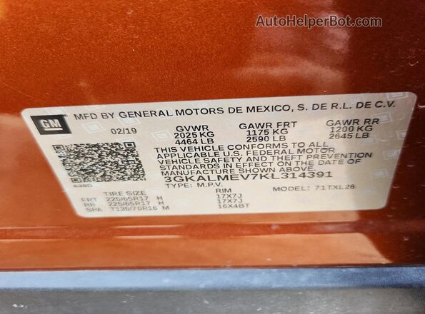 3GKALMEV7KL314391 2019 GMC TERRAIN Orange Панорамний вид салону 360°