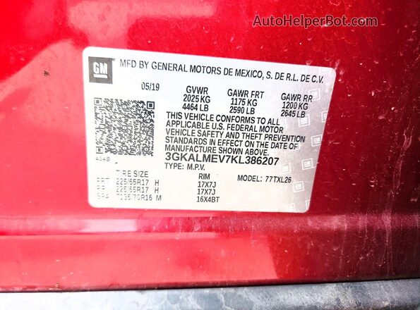 3GKALMEV7KL386207 2019 GMC TERRAIN Red Widok naklejki z numerem VIN