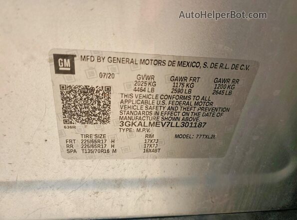 3GKALMEV7LL301187 2020 GMC TERRAIN Silver Vista de la etiqueta del VIN