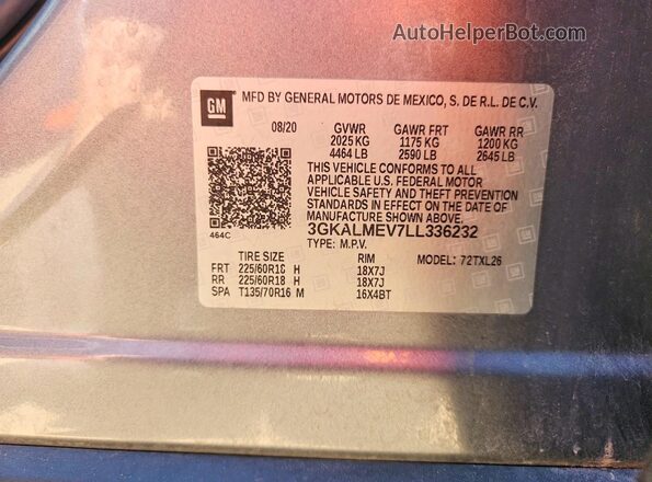 3GKALMEV7LL336232 2020 GMC TERRAIN Silver VIN կոդի պիտակի տեսք