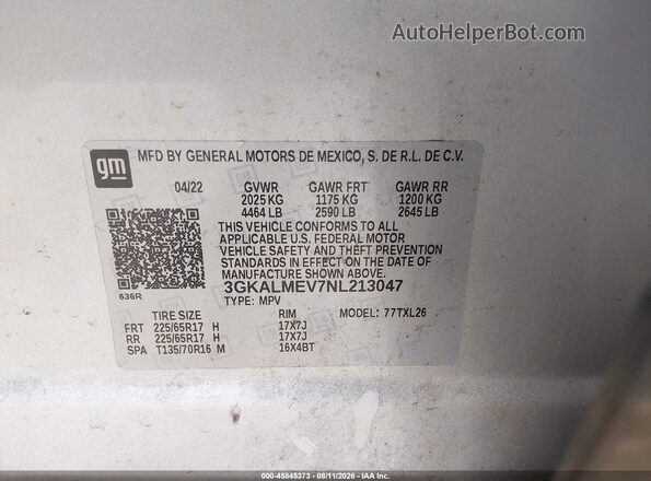 3GKALMEV7NL213047 2022 GMC TERRAIN Silver Вид підкапотного простору