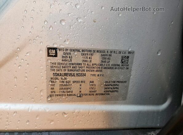 3GKALMEV8JL163334 2018 GMC TERRAIN Silver VIN კოდის სტიკერის ხედი