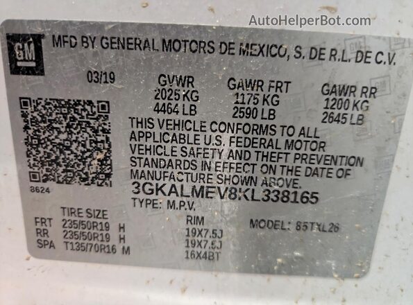 3GKALMEV8KL338165 2019 GMC TERRAIN White ძრავის განყოფილების ხედი