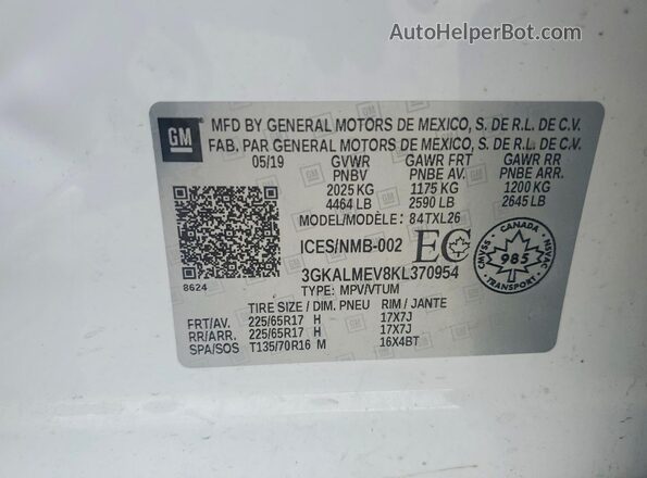 3GKALMEV8KL370954 2019 GMC TERRAIN White VIN კოდის სტიკერის ხედი