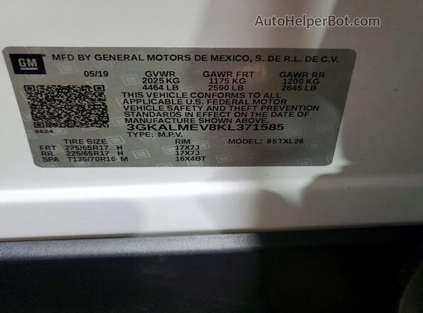 3GKALMEV8KL371585 2019 GMC TERRAIN Белый Панорамный вид салона 360°