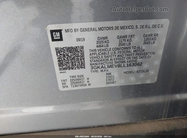 3GKALMEV8LL163062 2020 GMC TERRAIN Gray Շարժիչի բաժամունքի տեսք