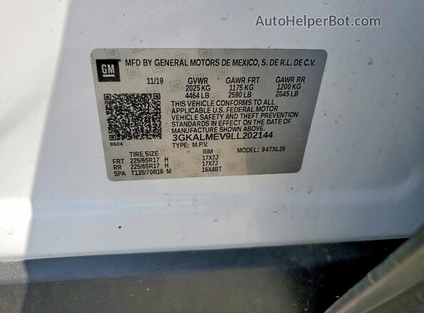 3GKALMEV9LL202144 2020 GMC TERRAIN White VIN კოდის სტიკერის ხედი