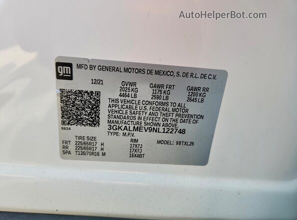 3GKALMEV9NL122748 2022 GMC TERRAIN White სალონის 360-გრადუსიანი ხედი