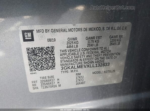 3GKALMEVXLL132833 2020 GMC TERRAIN Gray Вид підкапотного простору