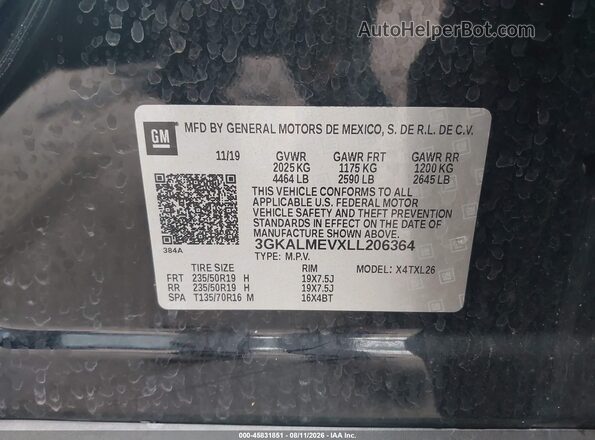 3GKALMEVXLL206364 2020 GMC TERRAIN Black Engine compartment view