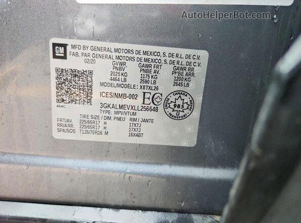 3GKALMEVXLL256648 2020 GMC TERRAIN Gray VIN კოდის სტიკერის ხედი