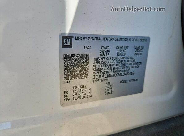 3GKALMEVXML346416 2021 GMC TERRAIN White VIN კოდის სტიკერის ხედი