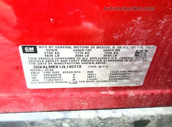 3GKALMEX1JL145713 2018 GMC TERRAIN Red Вид наклейки з VIN-кодом