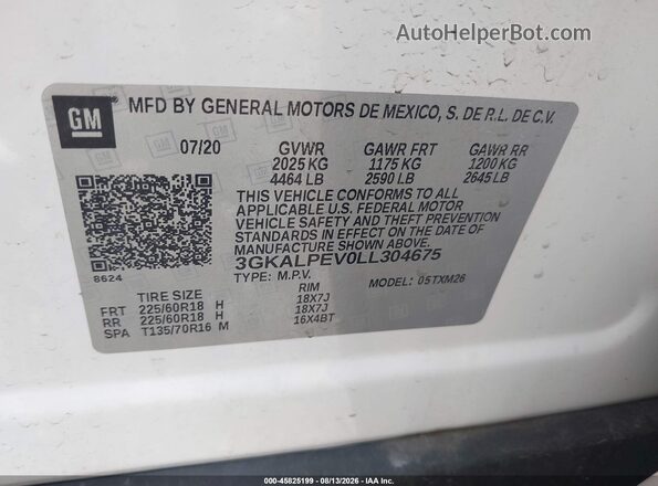 3GKALPEV0LL304675 2020 GMC TERRAIN White Engine compartment view