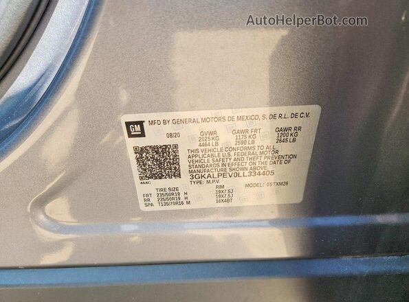 3GKALPEV0LL334405 2020 GMC TERRAIN Gray Vista interior de 360 grados