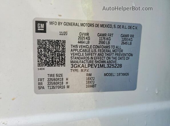 3GKALPEV1ML325228 2021 GMC TERRAIN White Вид наклейки з VIN-кодом