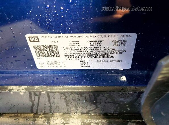 3GKALPEV1ML386529 2021 GMC TERRAIN Blue Вид наклейки з VIN-кодом
