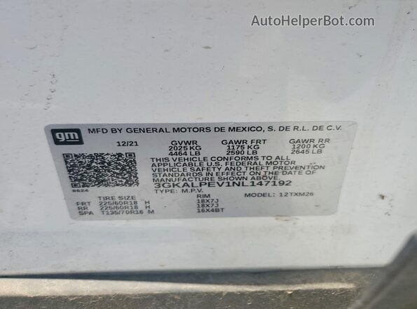 3GKALPEV1NL147192 2022 GMC TERRAIN White VIN კოდის სტიკერის ხედი