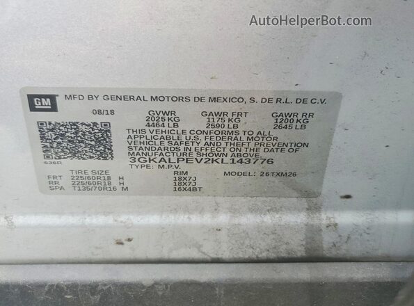 3GKALPEV2KL143776 2019 GMC TERRAIN Silver Vista de la etiqueta del VIN