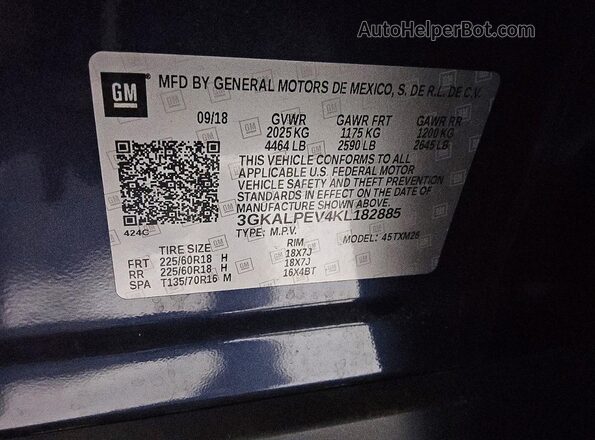 3GKALPEV4KL182885 2019 GMC TERRAIN Black VIN կոդի պիտակի տեսք