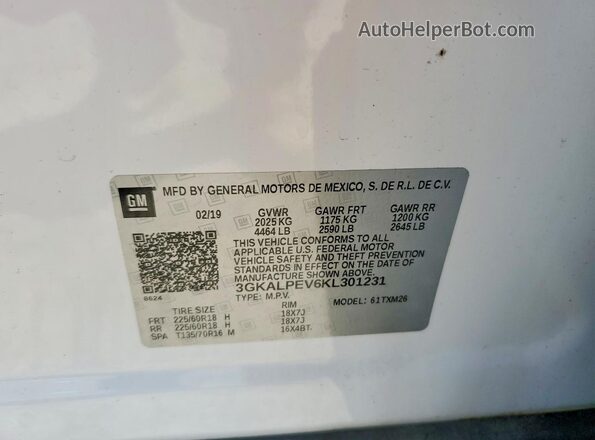 3GKALPEV6KL301231 2019 GMC TERRAIN White VIN կոդի պիտակի տեսք