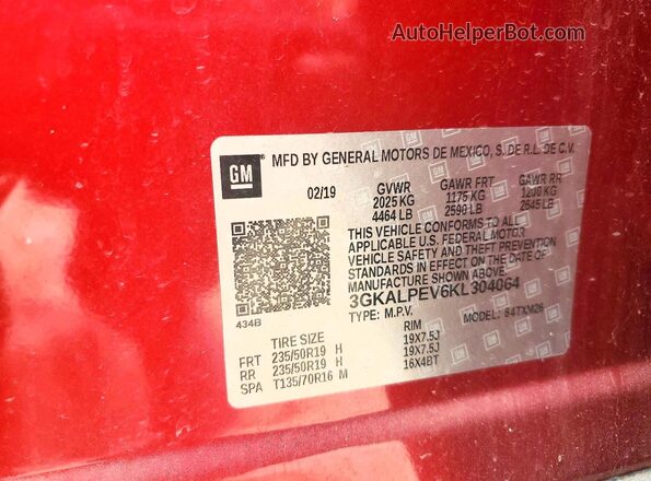 3GKALPEV6KL304064 2019 GMC TERRAIN Красный Вид наклейки с VIN-кодом