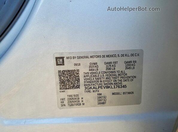 3GKALPEV8KL176345 2019 GMC TERRAIN Silver Вид наклейки з VIN-кодом