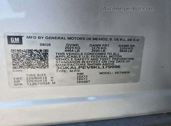 3GKALPEV9KL179996 2019 GMC TERRAIN Silver VIN կոդի պիտակի տեսք
