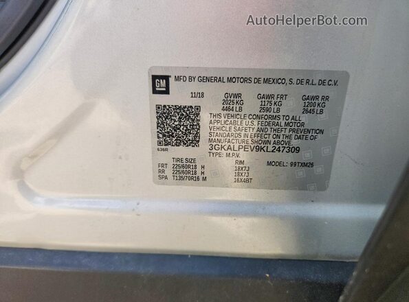 3GKALPEV9KL247309 2019 GMC TERRAIN Silver Widok naklejki z numerem VIN
