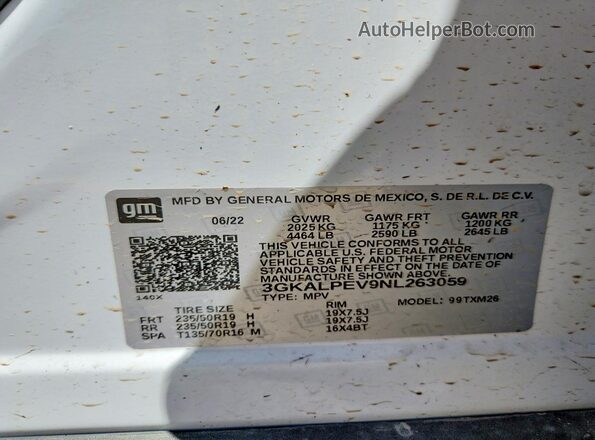 3GKALPEV9NL263059 2022 GMC TERRAIN White Vista de la etiqueta del VIN