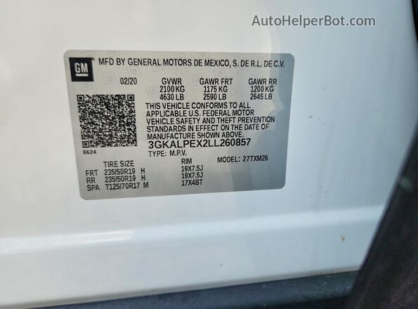 3GKALPEX2LL260857 2020 GMC TERRAIN White Vista de la etiqueta del VIN