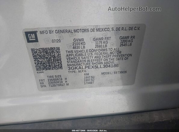 3GKALPEX5LL304186 2020 GMC TERRAIN Silver Вид підкапотного простору