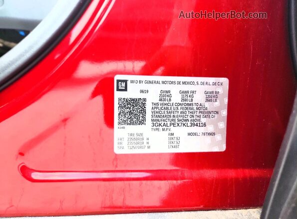 3GKALPEX7KL394116 2019 GMC TERRAIN Red VIN კოდის სტიკერის ხედი