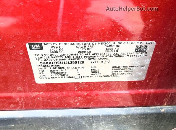 3GKALREU1JL255129 2018 GMC TERRAIN Темно-бордовый Вид наклейки с VIN-кодом