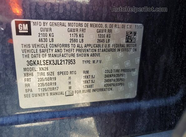 3GKALSEX3JL217953 2018 GMC TERRAIN Blue Widok naklejki z numerem VIN