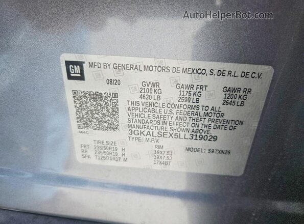 3GKALSEX5LL319029 2020 GMC TERRAIN Gray Widok naklejki z numerem VIN