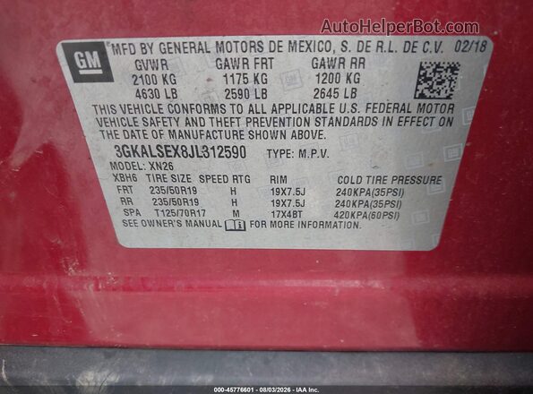3GKALSEX8JL312590 2018 GMC TERRAIN Red ძრავის განყოფილების ხედი