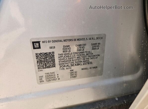 3GKALSEX8KL157931 2019 GMC TERRAIN Silver Vista de la etiqueta del VIN