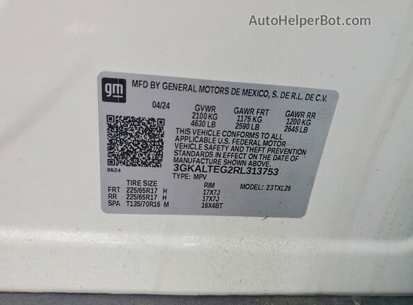 3GKALTEG2RL313753 2024 GMC TERRAIN White Vista de la etiqueta del VIN