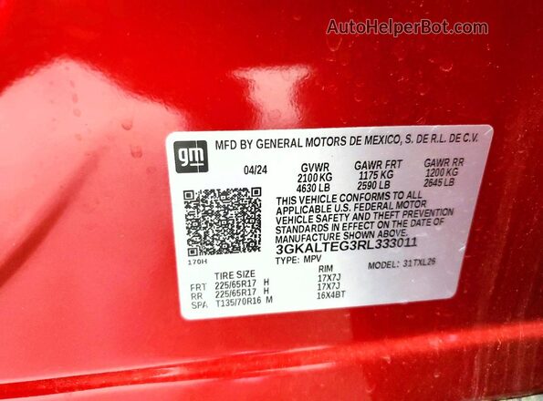 3GKALTEG3RL333011 2024 GMC TERRAIN Red ძრავის განყოფილების ხედი